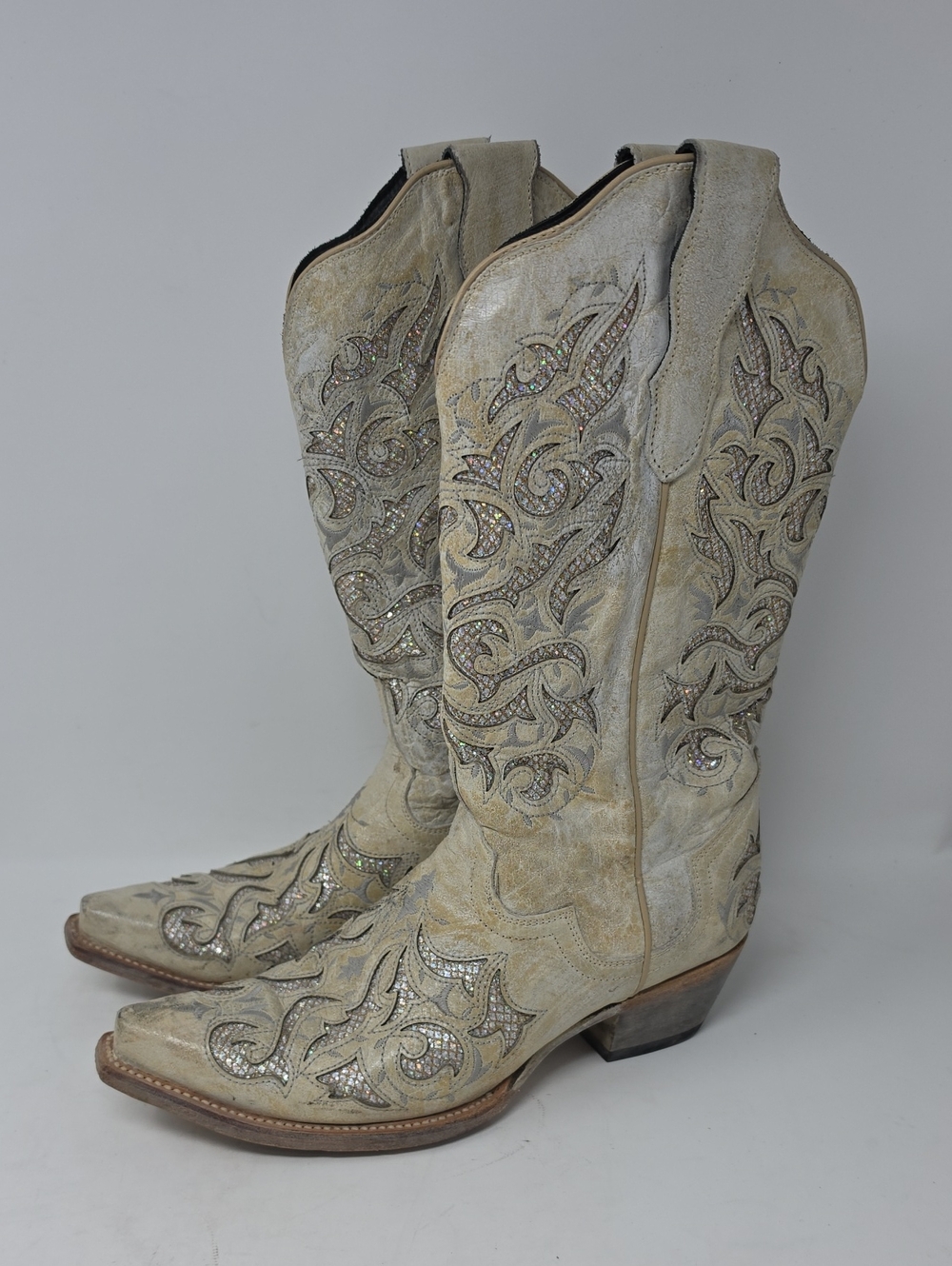 J.B. Dillion Womens White Glitter Embroidered Leather Cowboy Boots Size 10